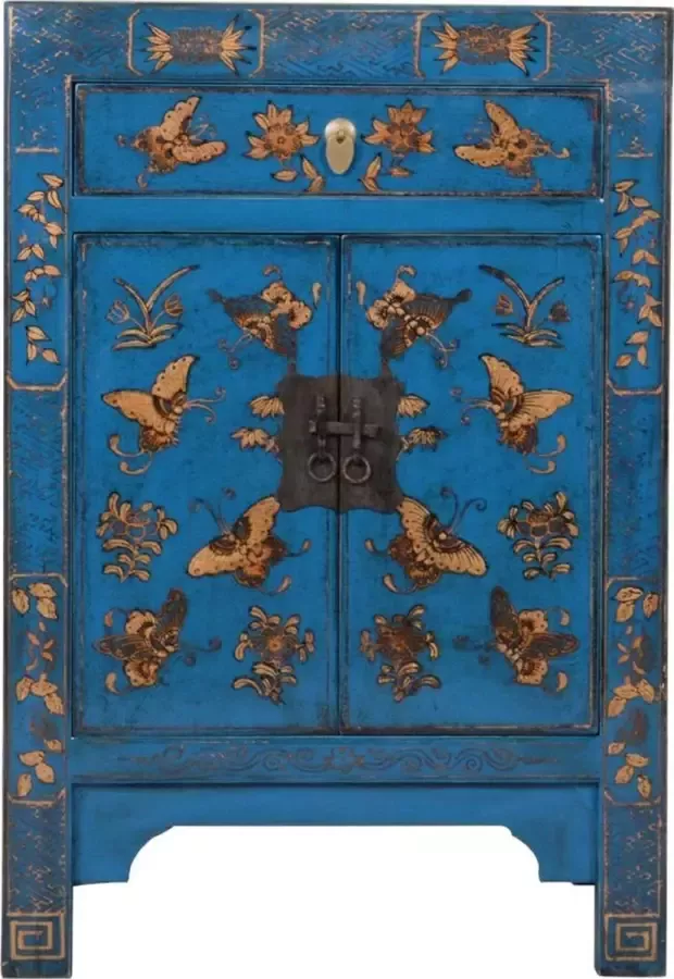 Fine Asianliving Chinese Nachtkastje Blauw Handgeschilderd Vlinders B40xD32xH60cm Chinese Meubels Oosterse Kast