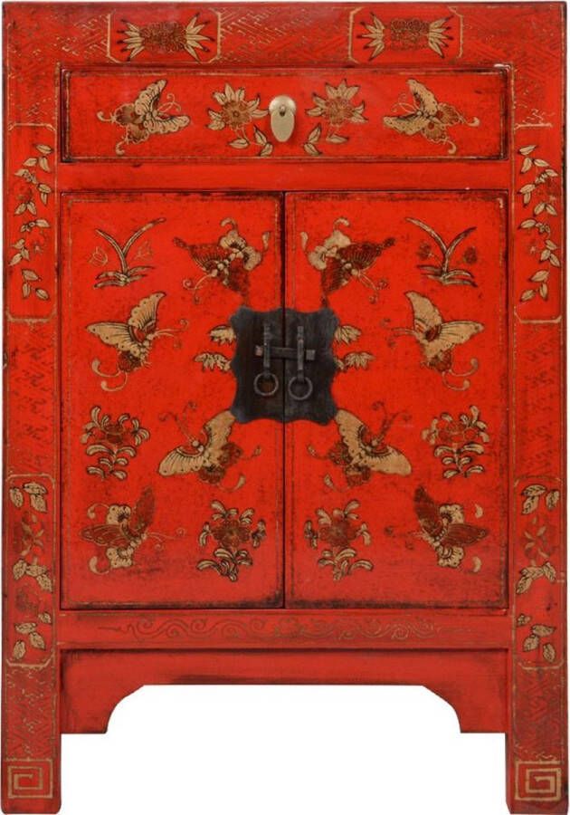 Fine Asianliving Chinese Nachtkastje Rood Handgeschilderd Vlinders B40xD32xH60cm Chinese Meubels Oosterse Kast