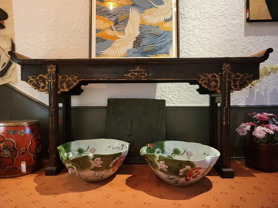 Fine Asianliving 19th Eeuw Antieke Chinese Altaar Tafel Bruin Goud Handgesneden B205xD35xH93cm Chinese Meubels Oosterse Kast