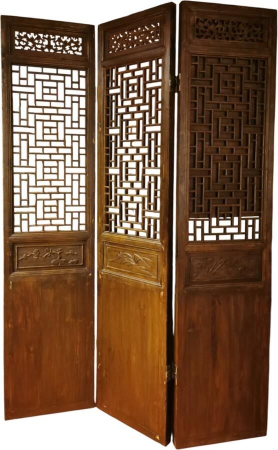 Fine Asianliving Antieke Chinese Kamerscherm 3 Panel Handgesneden B156xH230cm