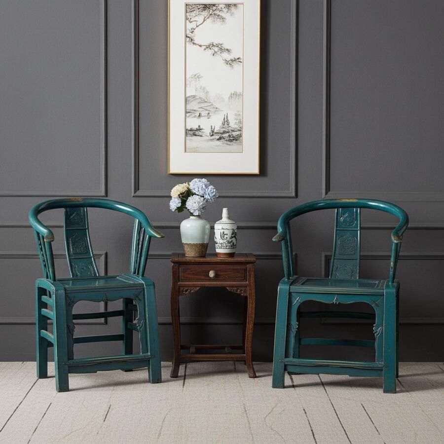 Fine Asianliving Begin 19e Eeuw Antieke Paar Chinese Armstoelen Blauw High Gloss Handgesneden Chinese Meubels Oosterse Kast - Foto 2