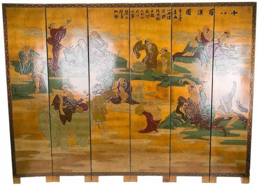Fine Asianliving Chinees Kamerscherm 6 Panelen met de Achttien Arahanten (Luohans) Handgeschilderd B240xH180cm