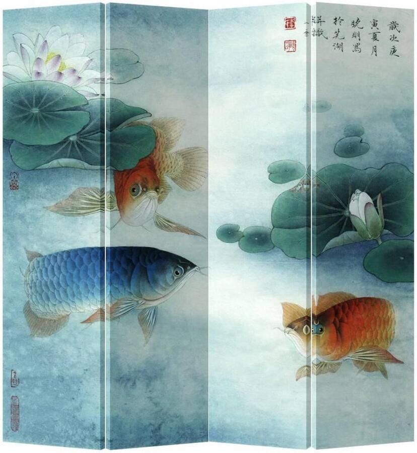 Fine Asianliving Chinees Kamerscherm Oosters Scheidingswand B160xH180cm 4 Panelen Koi in Lotuspond
