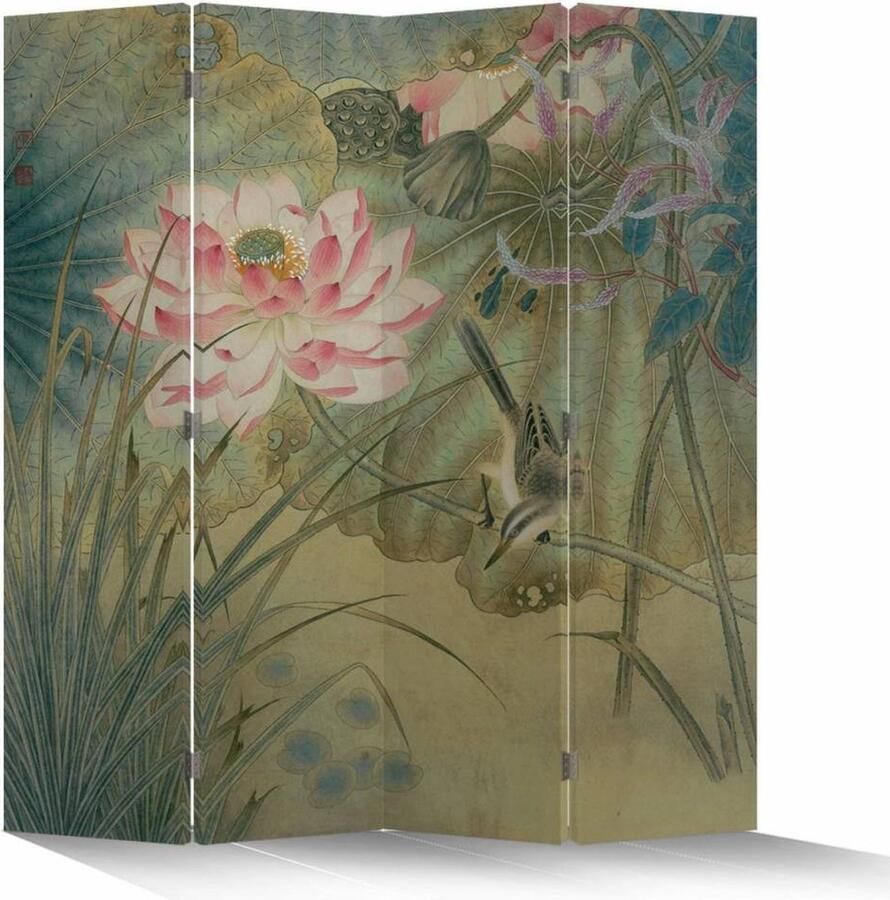 Fine Asianliving Chinees Kamerscherm Oosters Scheidingswand B160xH180cm 4 Panelen Lotusbloem met Vogel