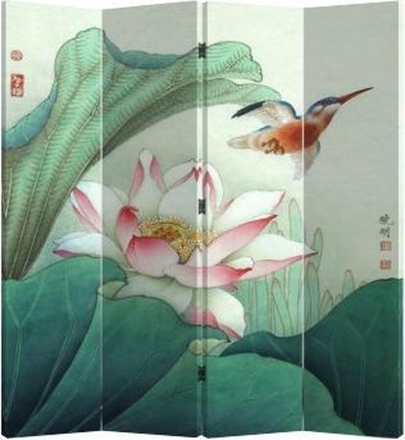 Fine Asianliving Chinees Kamerscherm Oosters Scheidingswand B160xH180cm 4 Panelen Lotus en Vliegende Vogel