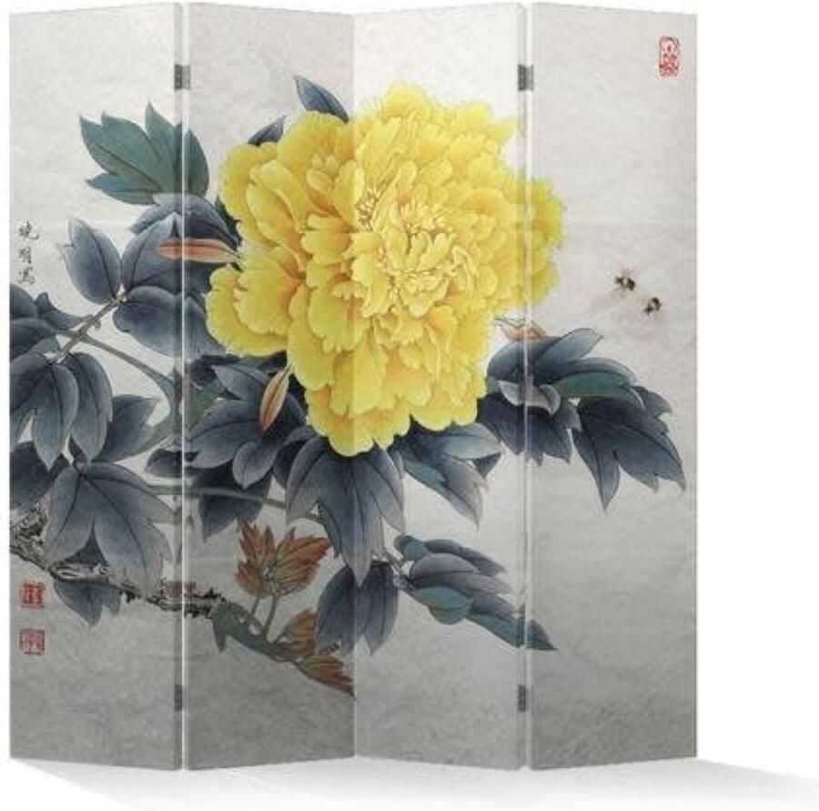 Fine Asianliving Chinees Kamerscherm Oosters Scheidingswand B160xH180cm 4 Panelen Pioen Geel