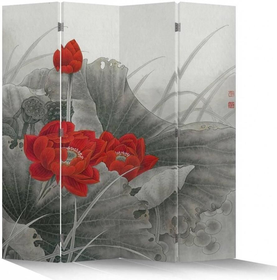 Fine Asianliving Chinees Kamerscherm Oosters Scheidingswand B160xH180cm 4 Panelen Rode Lotus