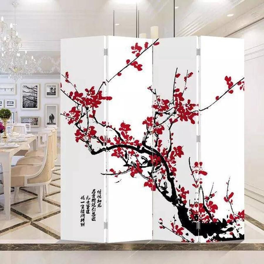 Fine Asianliving Chinees Kamerscherm Oosters Scheidingswand B160xH180cm 4 Panelen Rode Bloesem