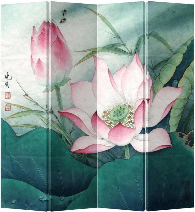 Fine Asianliving Chinees Kamerscherm Oosters Scheidingswand B160xH180cm 4 Panelen Roze Lotus