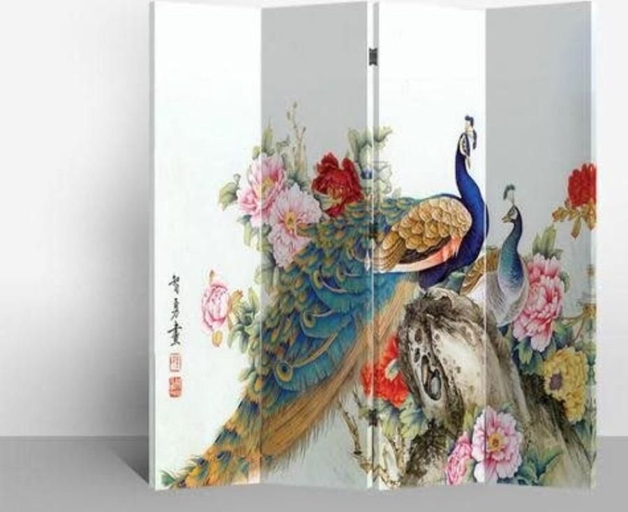 Fine Asianliving Chinees Kamerscherm Oosters Scheidingswand B160xH180cm 4 Panelen Twee Pauwen