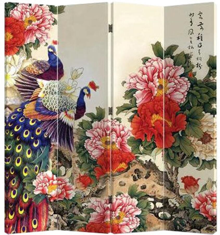 Fine Asianliving Chinees Kamerscherm Oosters Scheidingswand B160xH180cm 4 Panelen Twee Pauwen met Pioenen