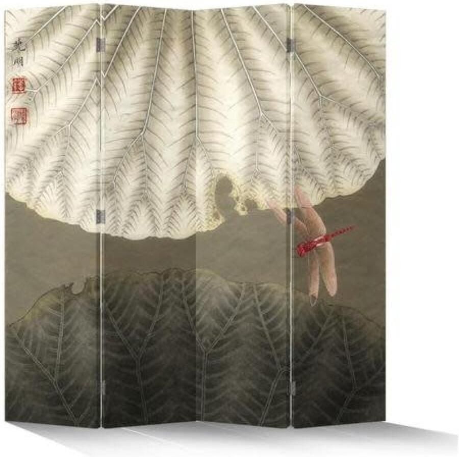 Fine Asianliving Chinees Kamerscherm Oosters Scheidingswand B160xH180cm 4 Panelen Vintage Rode Libelle