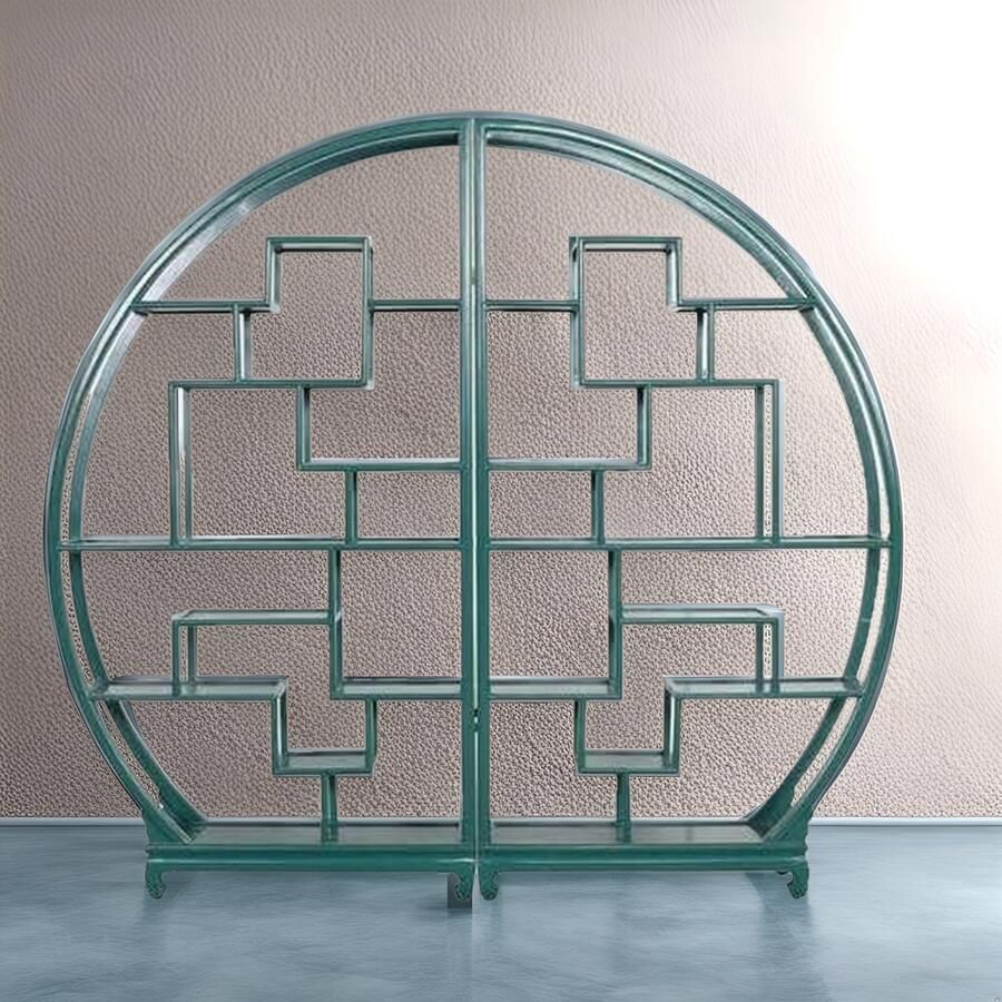 Fine Asianliving Chinese Boekenkast Ronde Display Open Kast Teal B176xH192cm Chinese Meubels Oosterse Kast