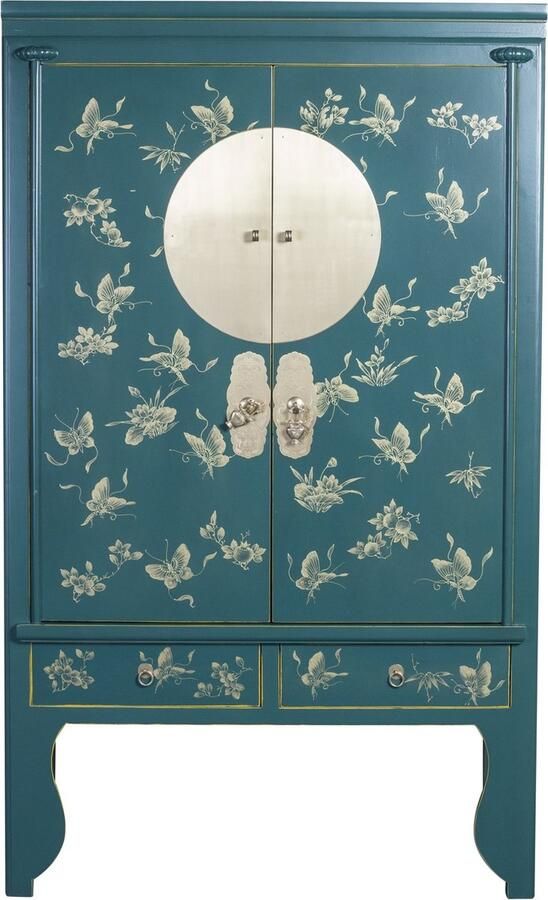 Fine Asianliving Chinese Bruidskast Handgeschilderde Vlinders Teal Orientique Collection B100xD55xH175cm Chinese Meubels Oosterse Kast