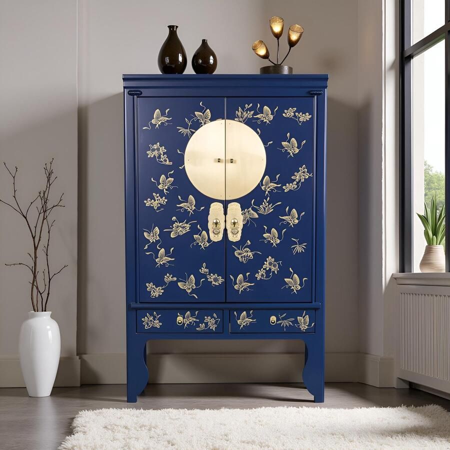Fine Asianliving Chinese Bruidskast Midnight Blauw Handbeschilderd Orientique Collectie B100xD55xH175cm Chinese Meubels Oosterse Kast