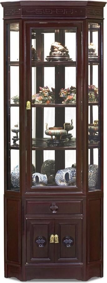 Fine Asianliving Chinese Display Hoekkast Rosewood Longevity Symbool Dark Cherry Spotlights met Spiegel B76xD53xH200cm Chinese Meubels Oosterse Kast - Foto 2