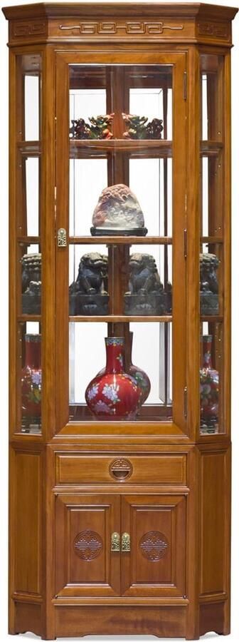 Fine Asianliving Chinese Display Hoekkast Rosewood Longevity Spotlights met Spiegel B76xD53xH200cm Chinese Meubels Oosterse Kast