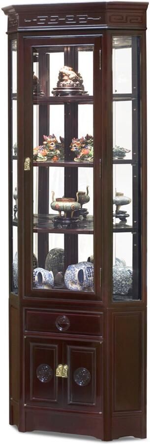 Fine Asianliving Chinese Display Hoekkast Rosewood Longevity Symbool Dark Cherry Spotlights met Spiegel B76xD53xH200cm Chinese Meubels Oosterse Kast