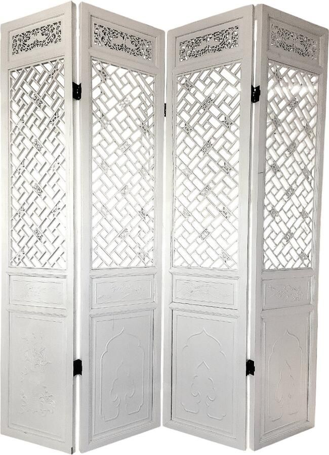 Fine Asianliving Chinese Kamerscherm 4 Panelen Wit Handgesneden B200xH230cm