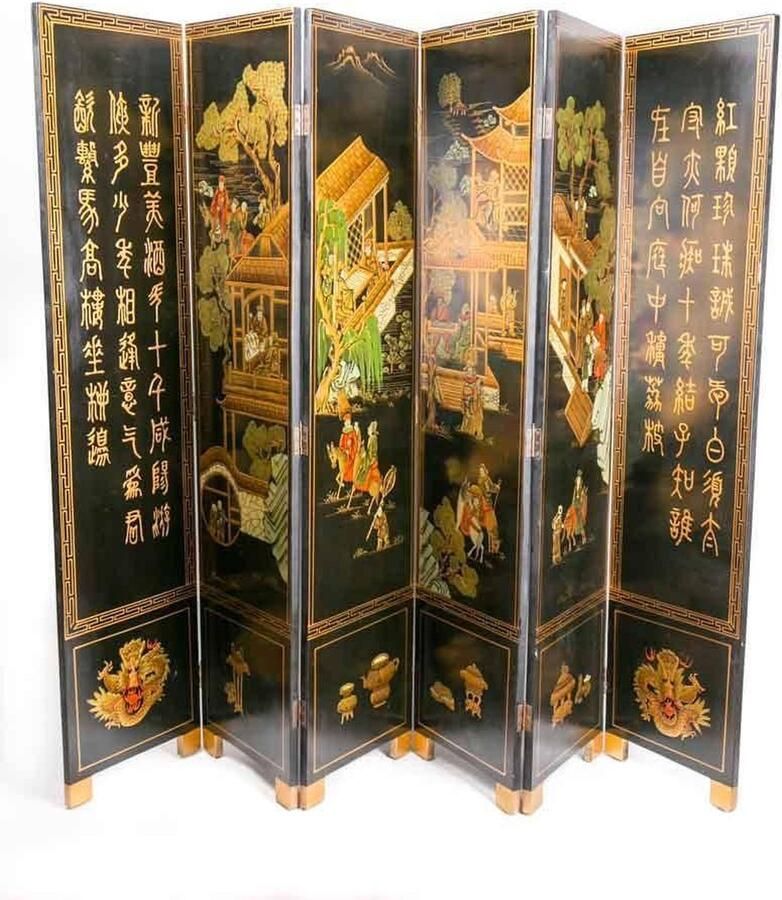 Fine Asianliving Chinese Kamerscherm 6 Panelen Dorp Handgeschilderd B246xH182.5cm