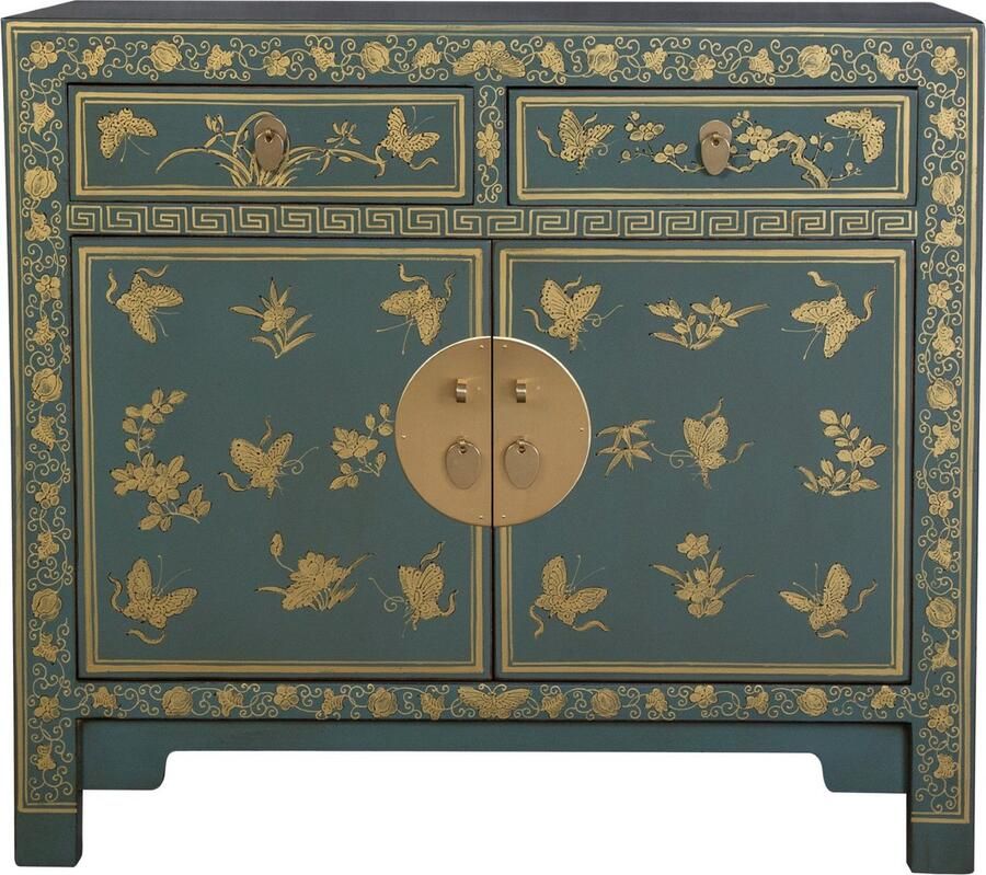Fine Asianliving Chinese Kast Arctic Blauw Grijs Vlinders Handbeschilderd Orientique Collectie B90xD40xH80cm Chinese Meubels Oosterse Kast