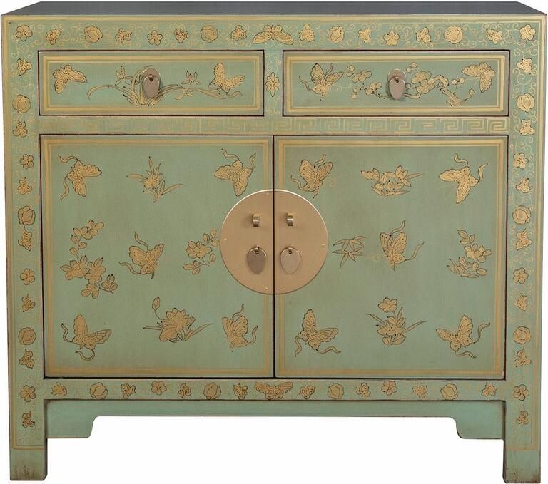 Fine Asianliving Chinese Kast Ash Groen Vlinders Handbeschilderd Orientique Collectie B90xD40xH80cm Chinese Meubels Oosterse Kast