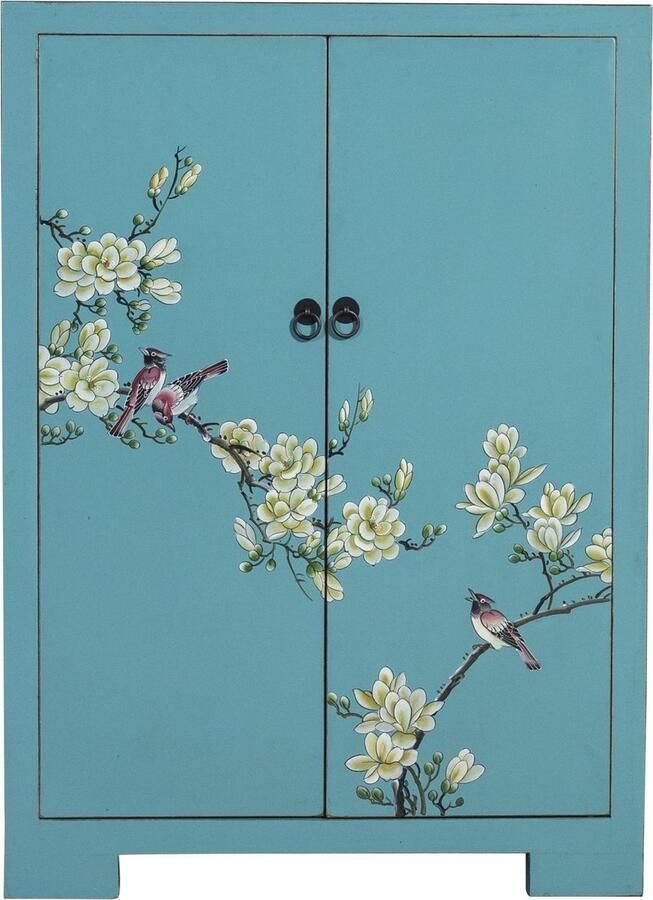 Fine Asianliving Chinese Kast Blauw Handgeschilderd Bloesems B80xD35xH99cm Chinese Meubels Oosterse Kast - Foto 2