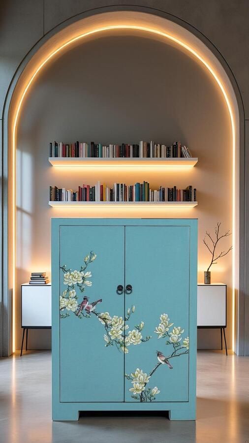 Fine Asianliving Chinese Kast Blauw Handgeschilderd Bloesems B80xD35xH99cm Chinese Meubels Oosterse Kast