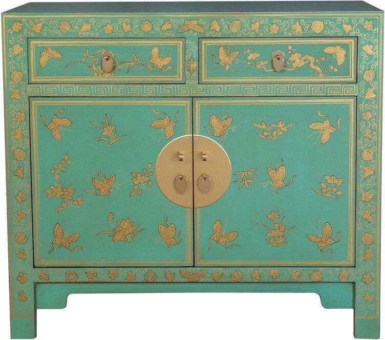 Fine Asianliving Chinese Kast Dusty Turquoise Vlinders Handbeschilderd Orientique Collectie B90xD40xH80cm Chinese Meubels Oosterse Kast