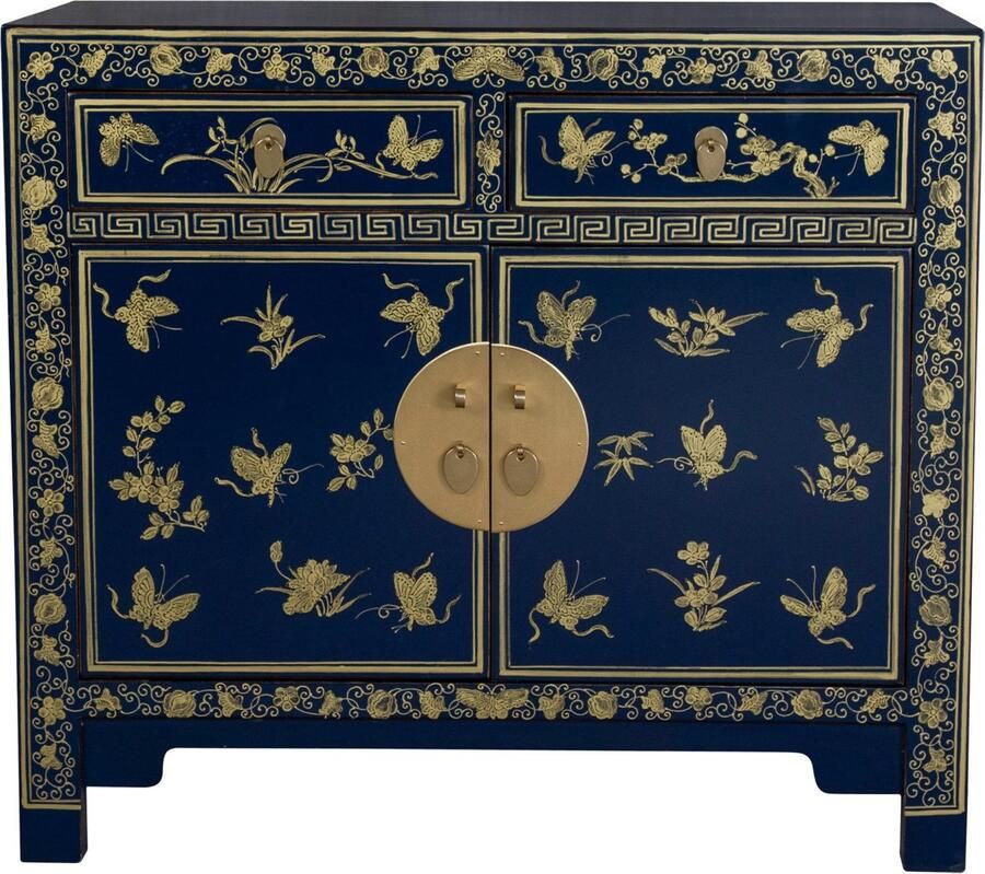 Fine Asianliving Chinese Kast Midnight Blauw Vlinders Handbeschilderd Orientique Collectie B90xD40xH80cm Chinese Meubels Oosterse Kast