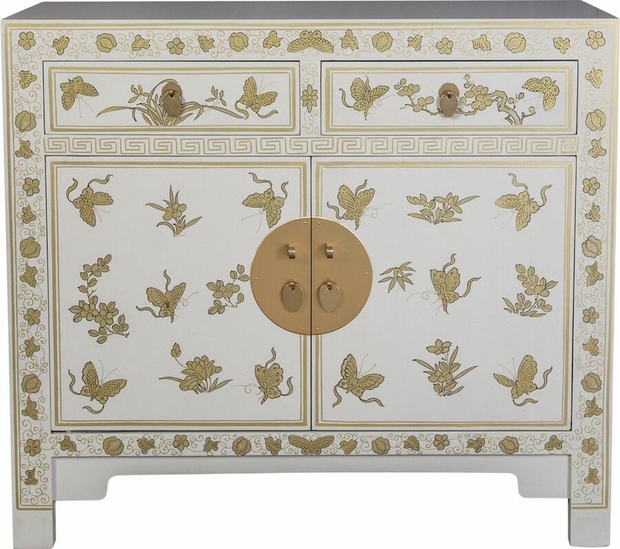 Fine Asianliving Chinese Kast Moonshine Greige Vlinders Handbeschilderd Orientique Collectie B90xD40xH80cm Chinese Meubels Oosterse Kast