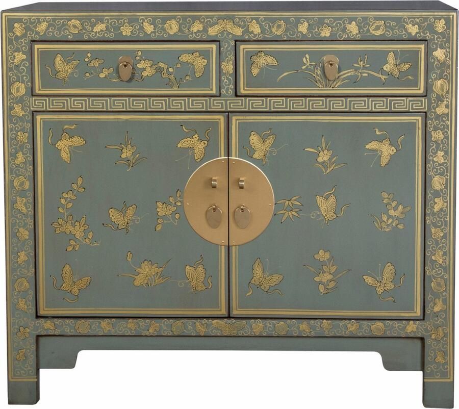 Fine Asianliving Chinese Kast Olijf Grijs Vlinders Handbeschilderd Orientique Collectie B90xD40xH80cm Chinese Meubels Oosterse Kast