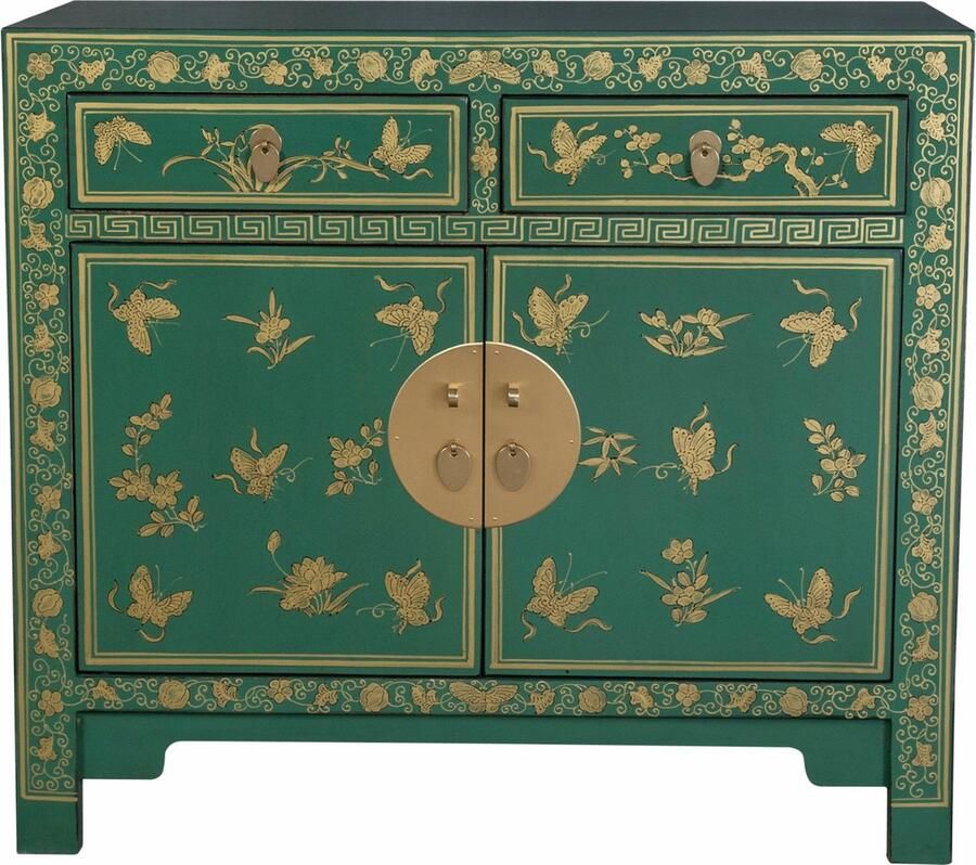Fine Asianliving Chinese Kast Teal Vlinders Handbeschilderd Orientique Collectie B90xD40xH80cm Chinese Meubels Oosterse Kast