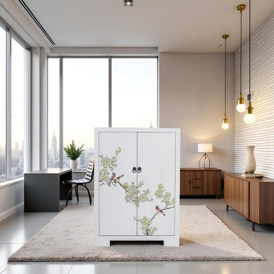 Fine Asianliving Chinese Kast Wit Bloesems Handbeschilderd B80xD35xH99cm Chinese Meubels Oosterse Kast