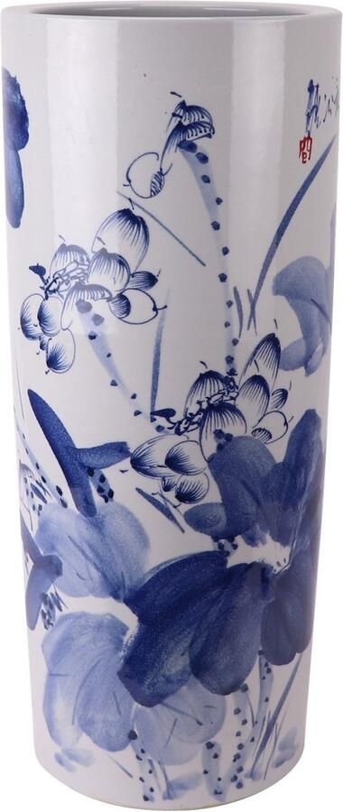 Fine Asianliving Chinese Paraplubak Keramiek Vaas Blauw Wit Pruimenbloesems Handbeschilderd D24xH57cm