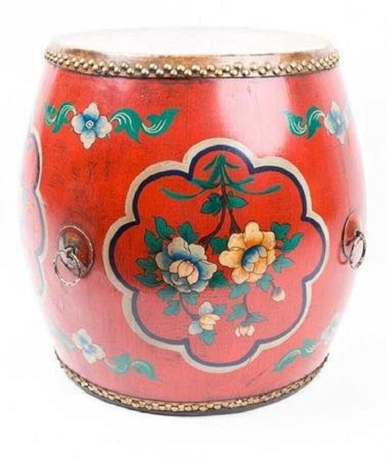 Fine Asianliving Chinese Trommel Bijzettafel Handgeschilderde Bloemen Rood