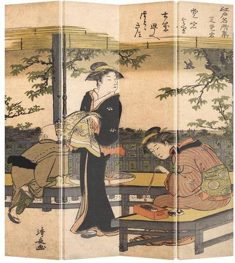 Fine Asianliving Japans Kamerscherm Oosters Scheidingswand B160xH180cm 4 Panelen Kimono Kalligrafie Kiyonaga