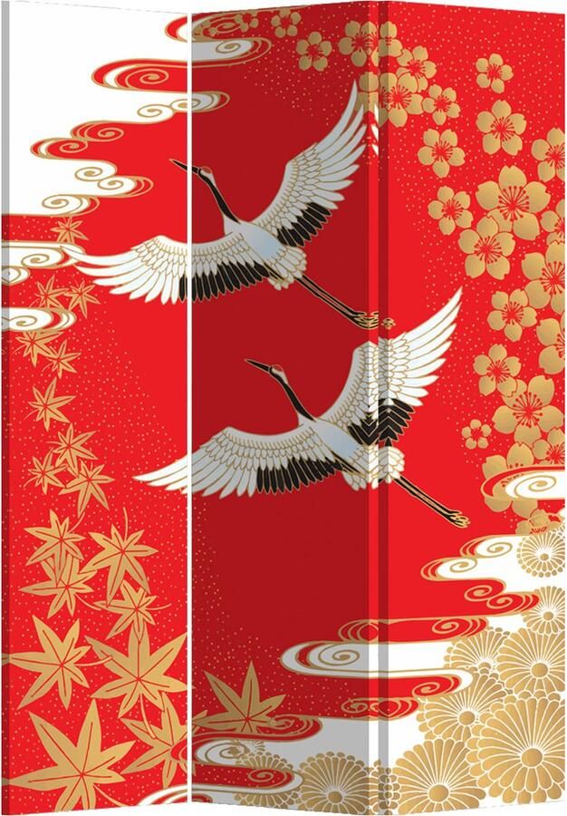 Fine Asianliving Japans Kamerscherm Scheidingswand B120xH180cm 3 Panelen Kraanvogels Rood