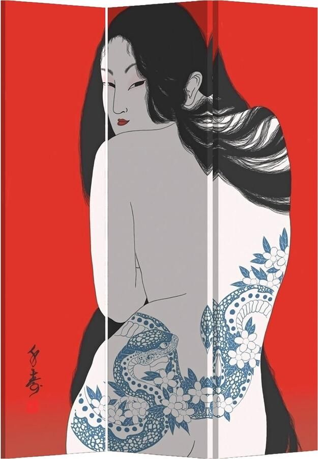 Fine Asianliving Japans Kamerscherm Scheidingswand B120xH180cm 3 Panelen Tattoo Vrouw