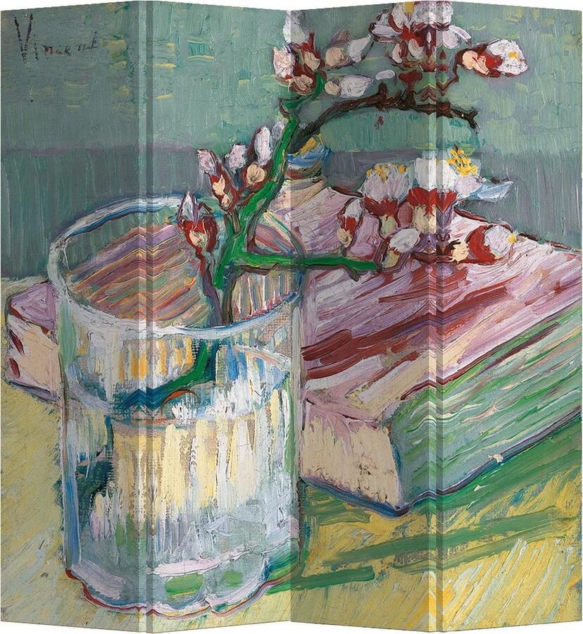 Fine Asianliving Kamerscherm Scheidingswand B160xH180cm 4 Panelen Bloeiende Amandeltak in een Glas met een Boek 1888 van Gogh