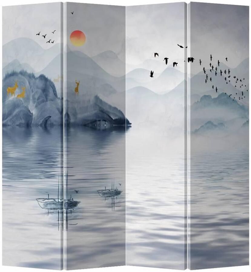 Fine Asianliving Kamerscherm Scheidingswand B160xH180cm 4 Panelen Meer Canvas Dubbelzijdig