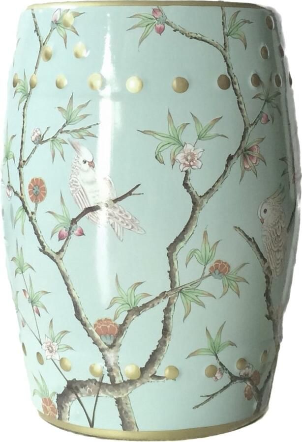 Fine Asianliving Keramische Kruk Blauw Papagaaien Handgemaakt Elysia D30xH45cm Keramiek Bijzettafel Porselein Stoel Tuinkruk