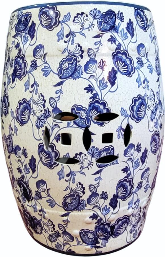 Fine Asianliving Keramische Kruk Blauw Wit Bloemen Malou D30xH45cm Keramiek Bijzettafel Porselein Stoel Tuinkruk