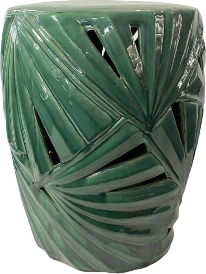 Fine Asianliving Keramische Kruk Botanische Bladen Groen Handgemaakt D33xH46cm Keramiek Bijzettafel Porselein Stoel Tuinkruk