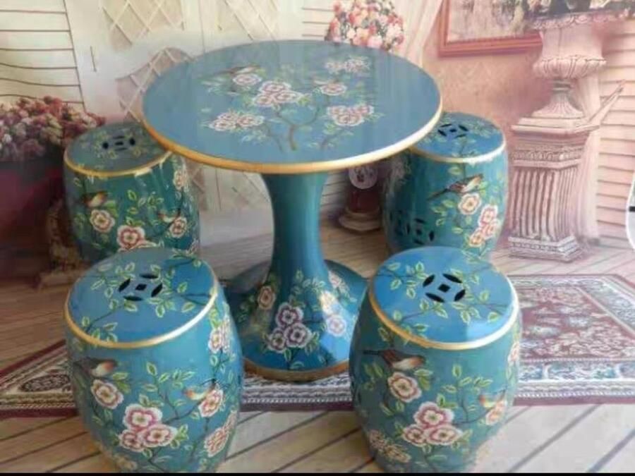 Fine Asianliving Keramische Kruk Table Set Blue Flowers Handmade Azelaine Keramiek Bijzettafel Porselein Stoel Tuinkruk