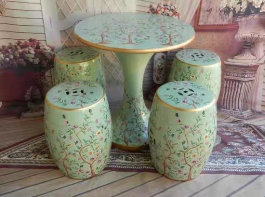 Fine Asianliving Keramische Kruk Table Set Mint Flowers Handmade Maelin Keramiek Bijzettafel Porselein Stoel Tuinkruk