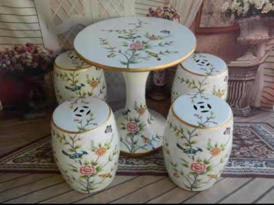 Fine Asianliving Keramische Kruk Table Set White Flowers Handmade Niamh Keramiek Bijzettafel Porselein Stoel Tuinkruk