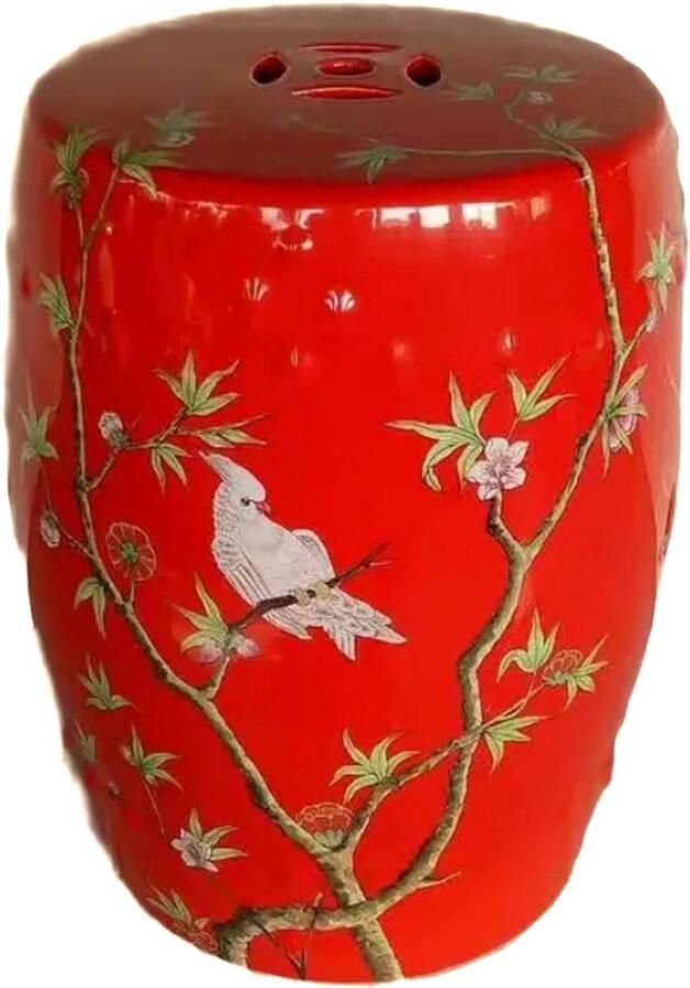 Fine Asianliving Keramische Kruk Rood Papegaai Handgemaakt Kaelin D30xH45cm Keramiek Bijzettafel Porselein Stoel Tuinkruk