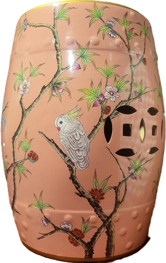 Fine Asianliving Keramische Kruk Roze Papegaai Handgemaakt Feya D30xH45cm Keramiek Bijzettafel Porselein Stoel Tuinkruk - Foto 2