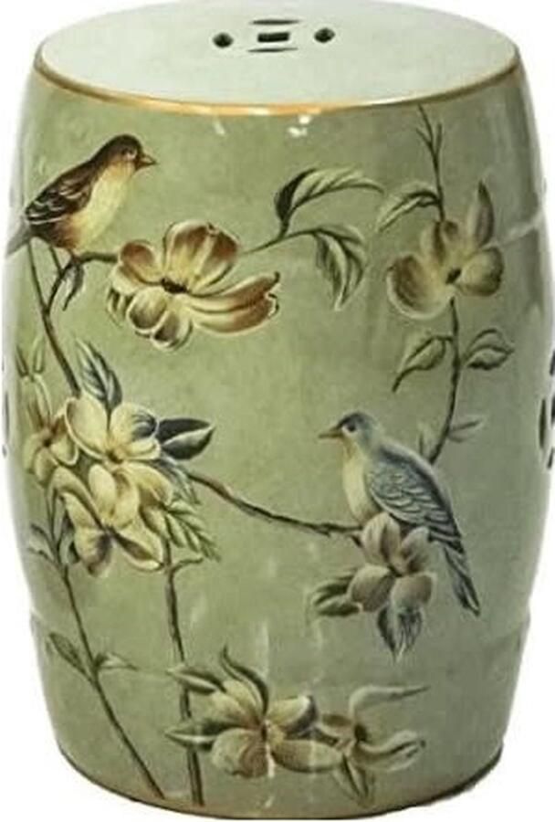 Fine Asianliving Keramische Kruk Sage Vogels Handgemaakt Rowena D30xH45cm Keramiek Bijzettafel Porselein Stoel Tuinkruk
